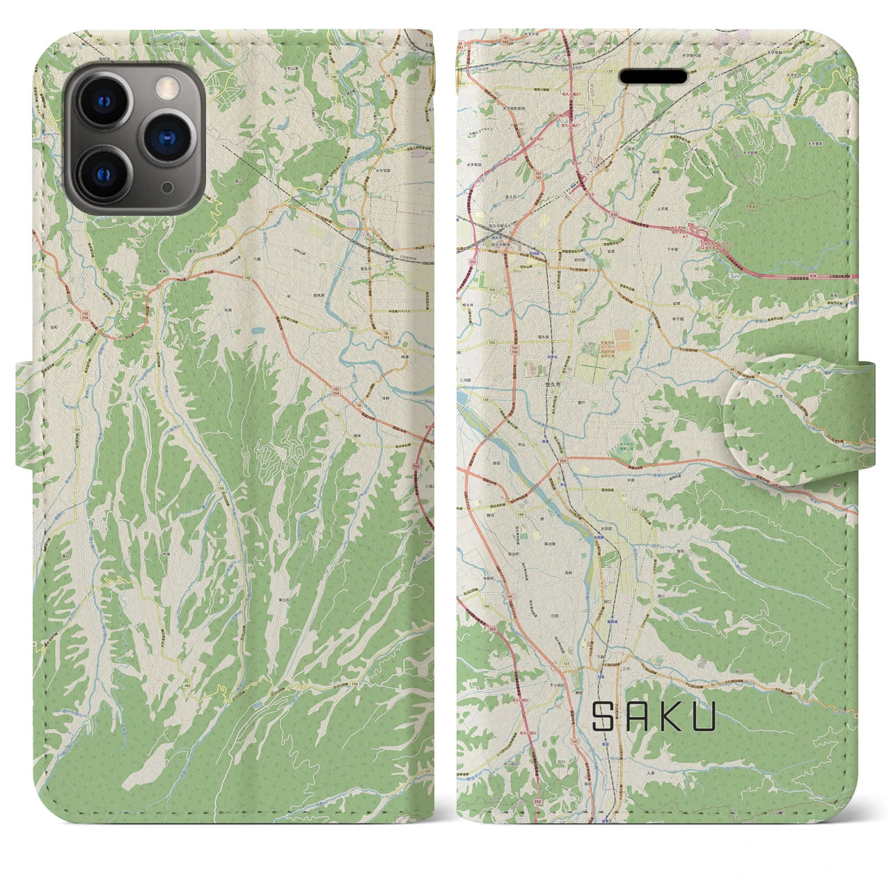 【佐久】地図柄iPhoneケース（手帳両面タイプ・ナチュラル）iPhone 11 Pro Max 用