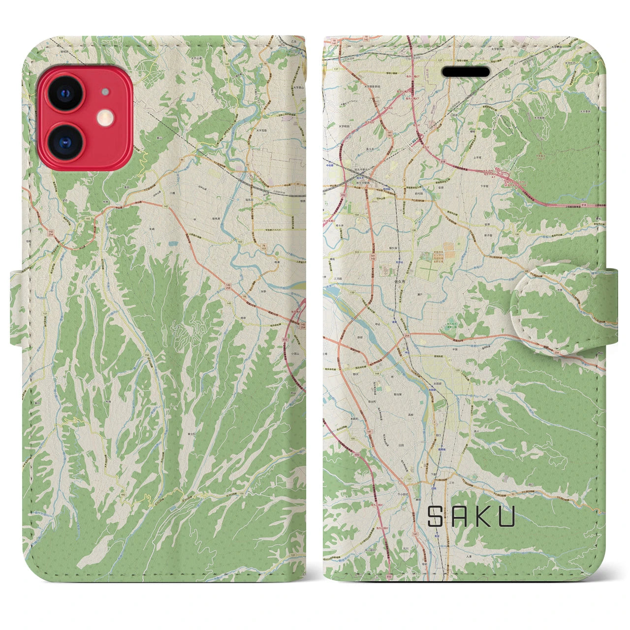 【佐久】地図柄iPhoneケース（手帳両面タイプ・ナチュラル）iPhone 11 用