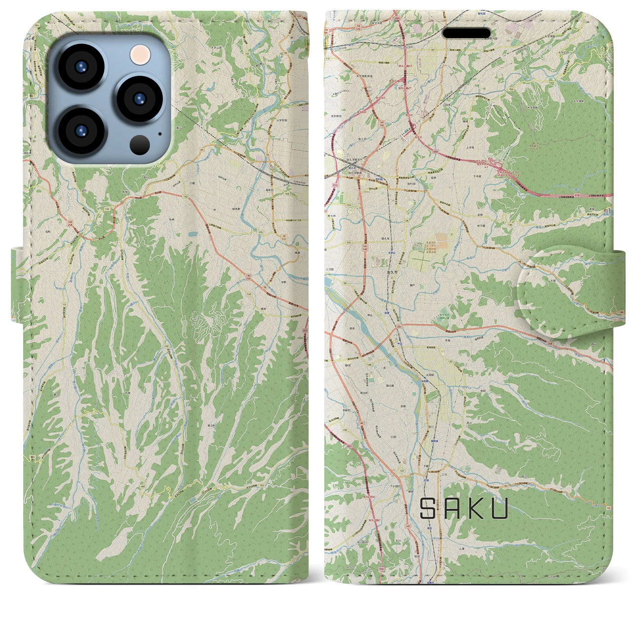 【佐久】地図柄iPhoneケース（手帳両面タイプ・ナチュラル）iPhone 13 Pro Max 用