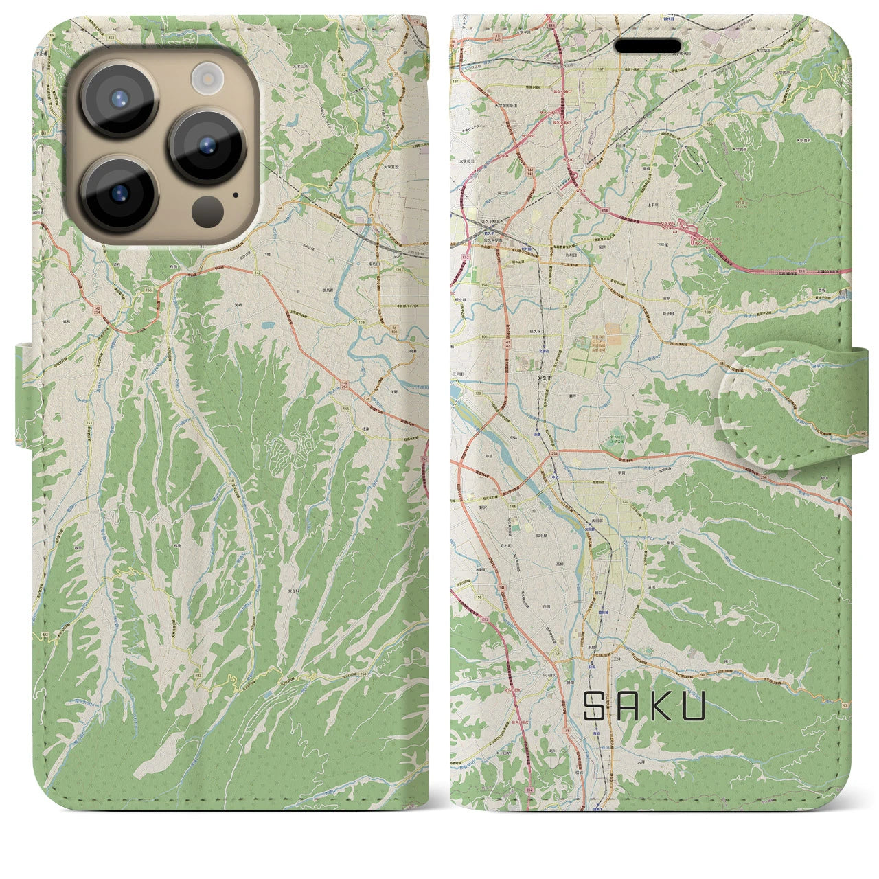 【佐久】地図柄iPhoneケース（手帳両面タイプ・ナチュラル）iPhone 14 Pro Max 用