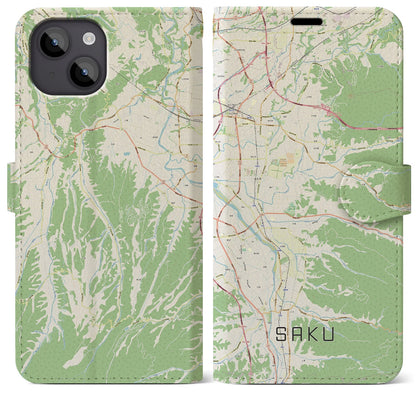 【佐久（長野県）】地図柄iPhoneケース（手帳タイプ）ナチュラル・iPhone 14 Plus 用