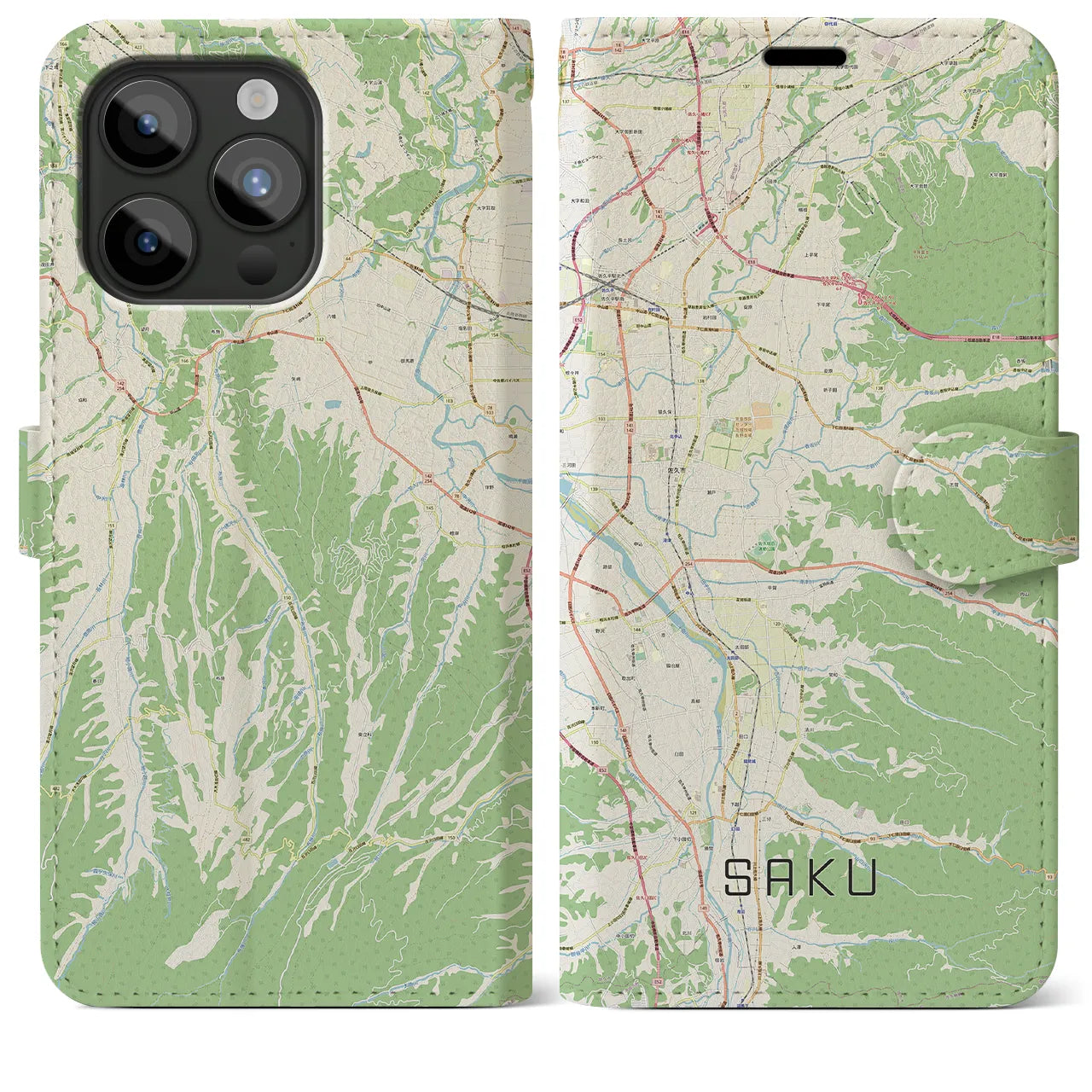 【佐久】地図柄iPhoneケース（手帳両面タイプ・ナチュラル）iPhone 15 Pro Max 用