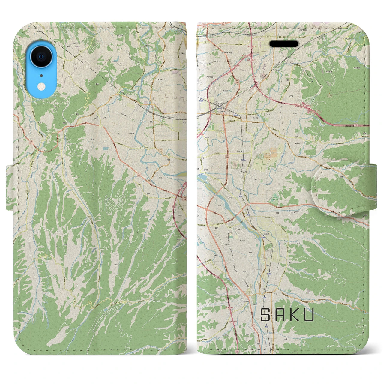 【佐久】地図柄iPhoneケース（手帳両面タイプ・ナチュラル）iPhone XR 用