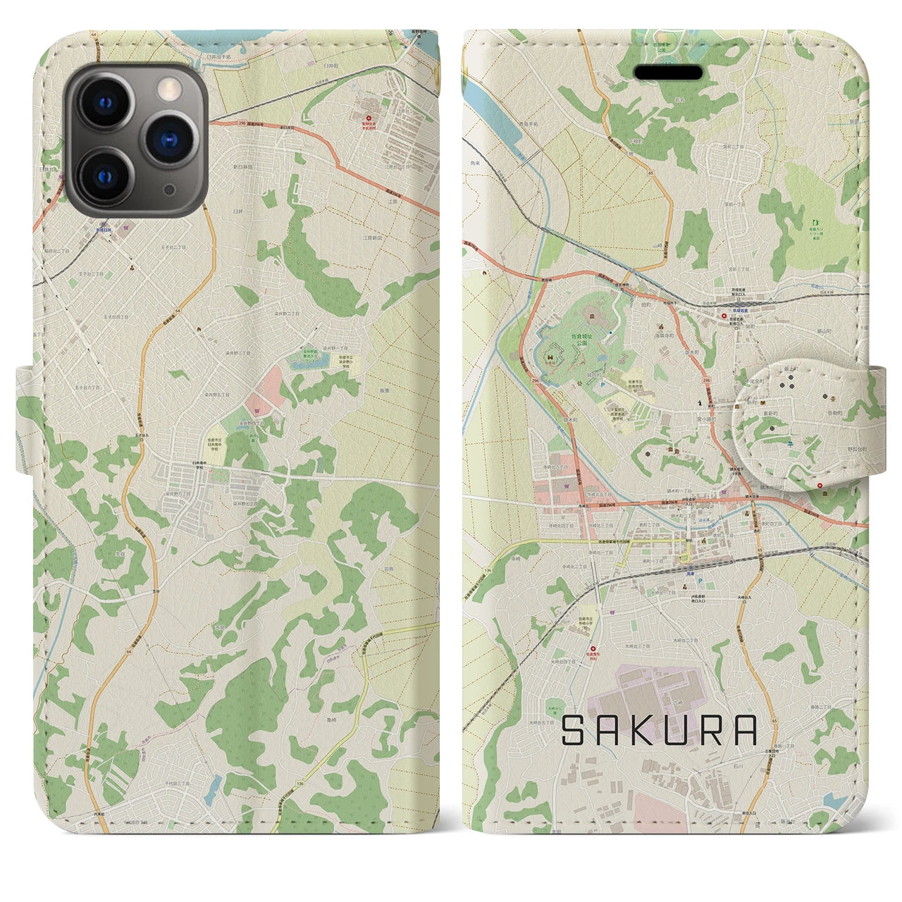 【佐倉】地図柄iPhoneケース（手帳両面タイプ・ナチュラル）iPhone 11 Pro Max 用