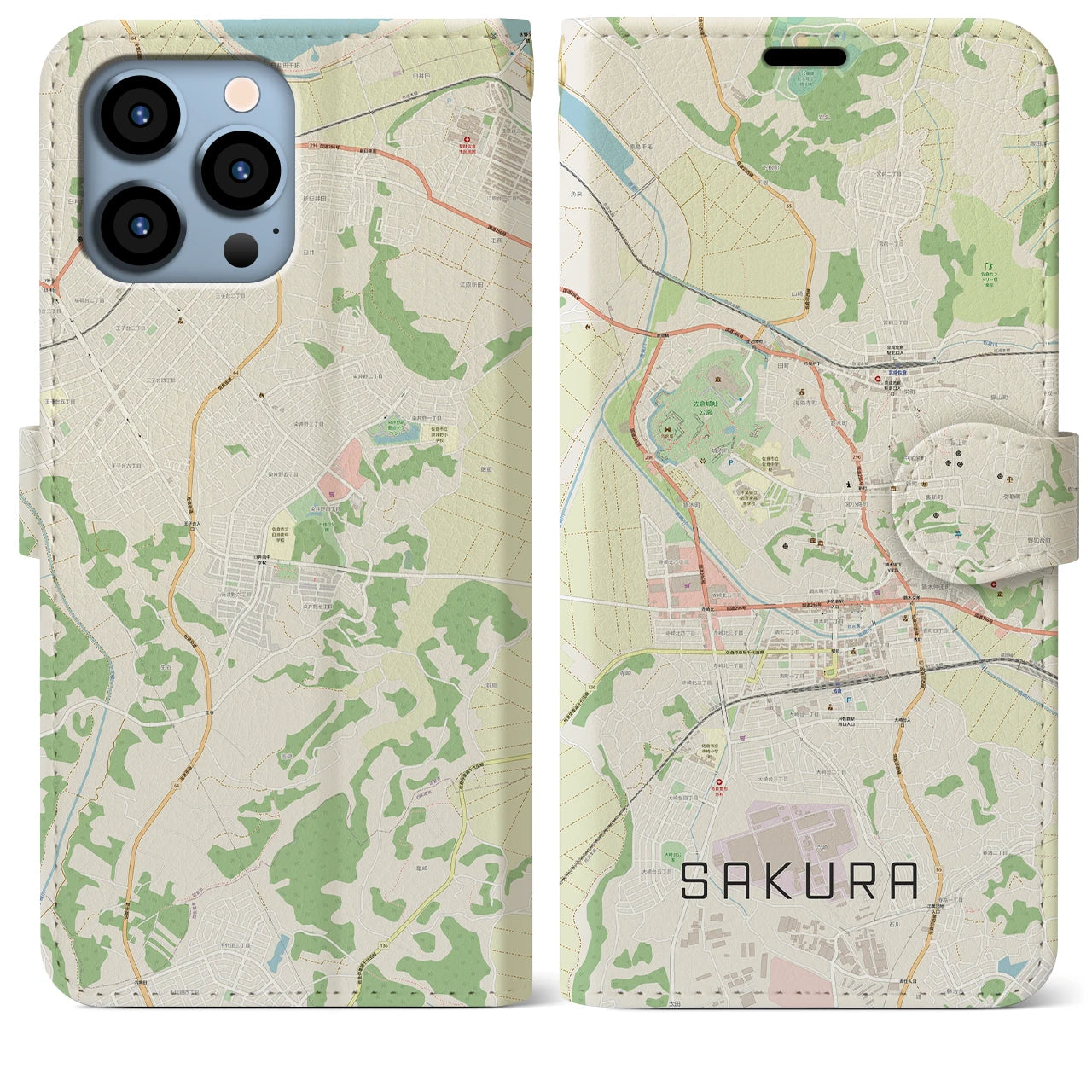 【佐倉】地図柄iPhoneケース（手帳両面タイプ・ナチュラル）iPhone 13 Pro Max 用