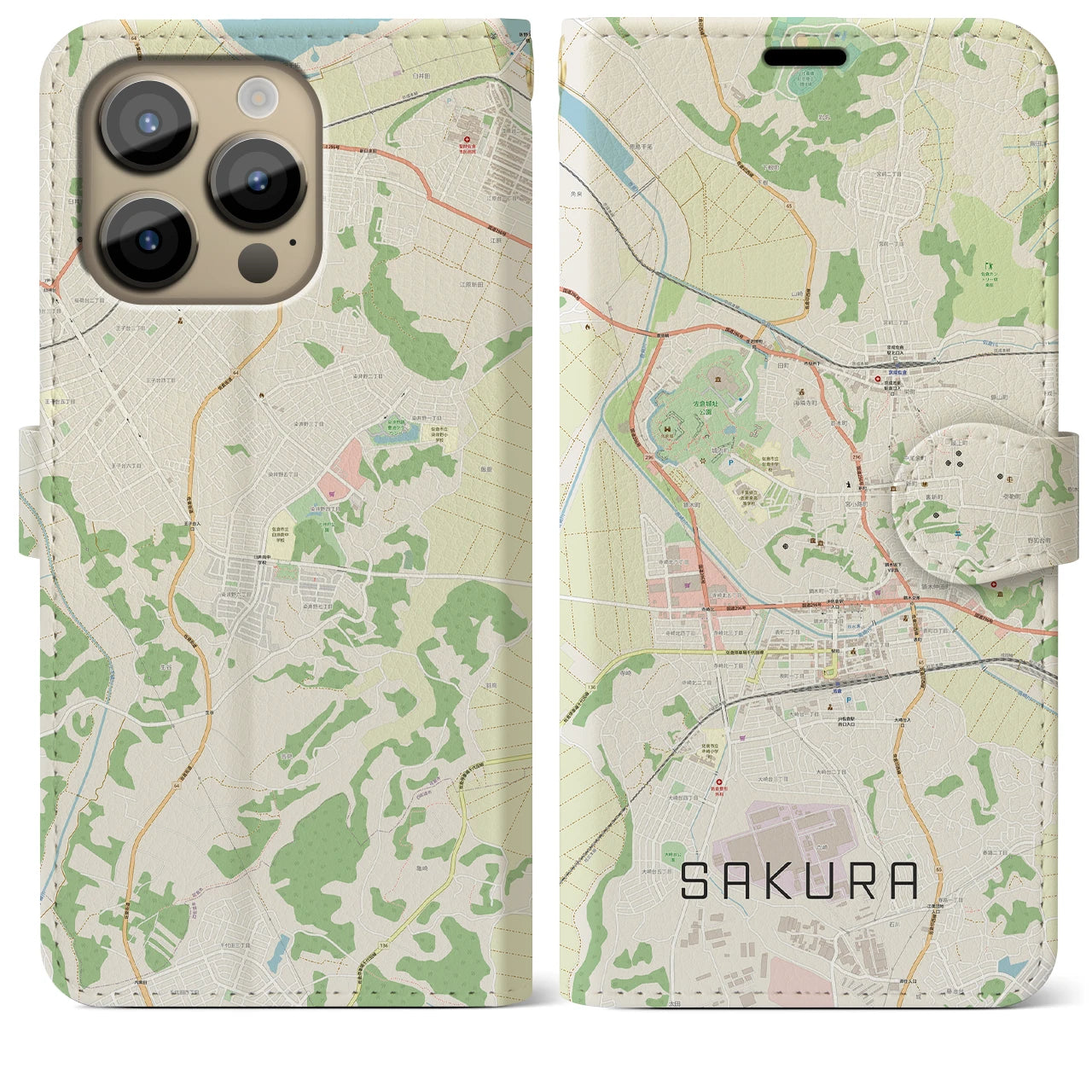 【佐倉】地図柄iPhoneケース（手帳両面タイプ・ナチュラル）iPhone 14 Pro Max 用