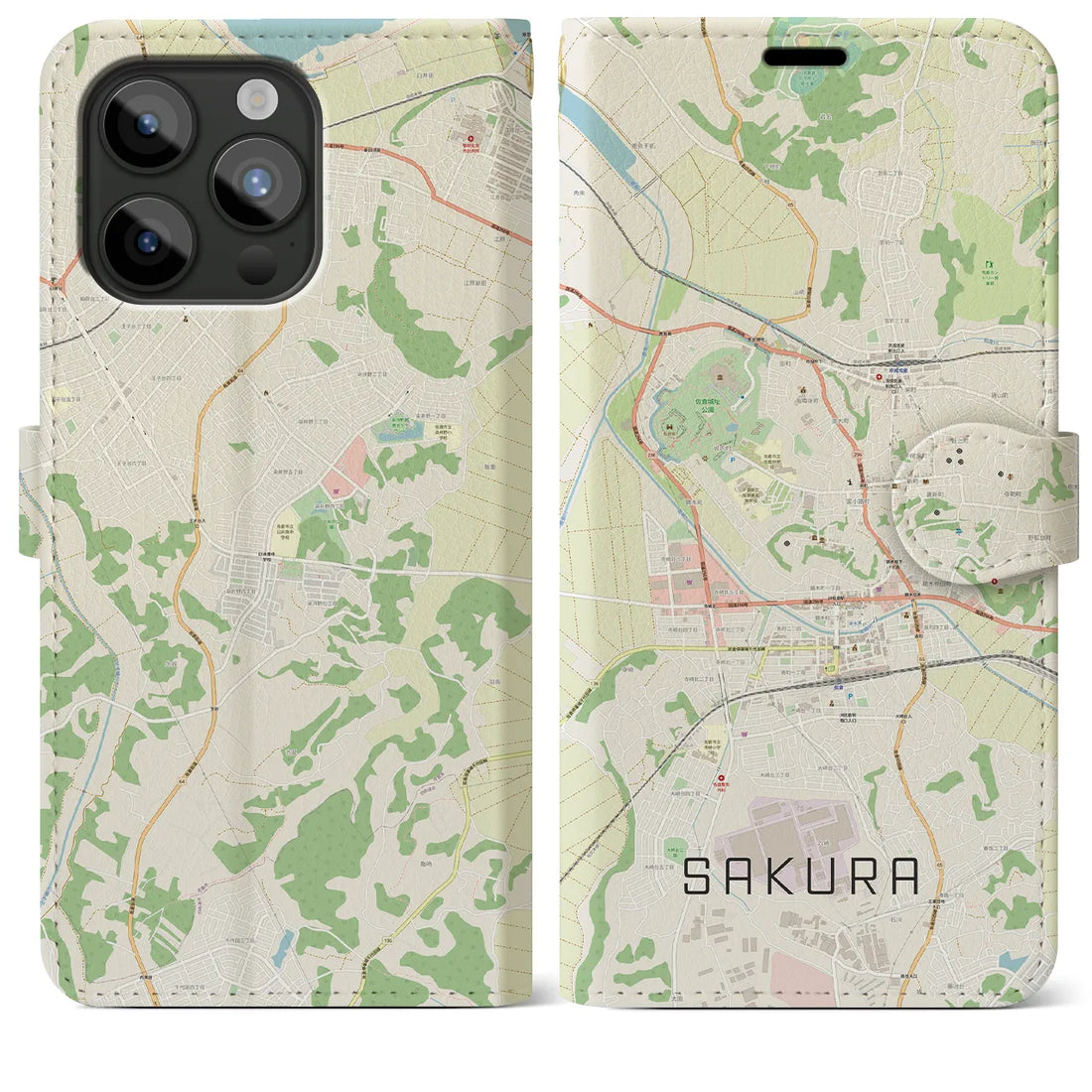 【佐倉】地図柄iPhoneケース（手帳両面タイプ・ナチュラル）iPhone 15 Pro Max 用