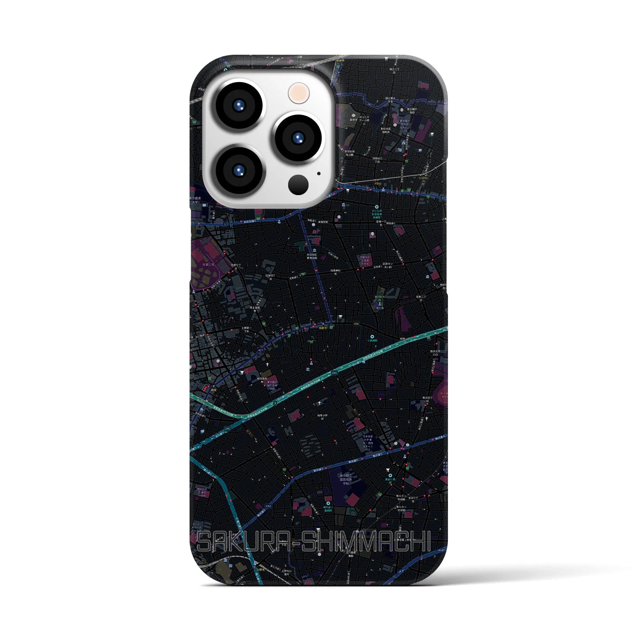 【桜新町】地図柄iPhoneケース（バックカバータイプ・ブラック）iPhone 13 Pro 用