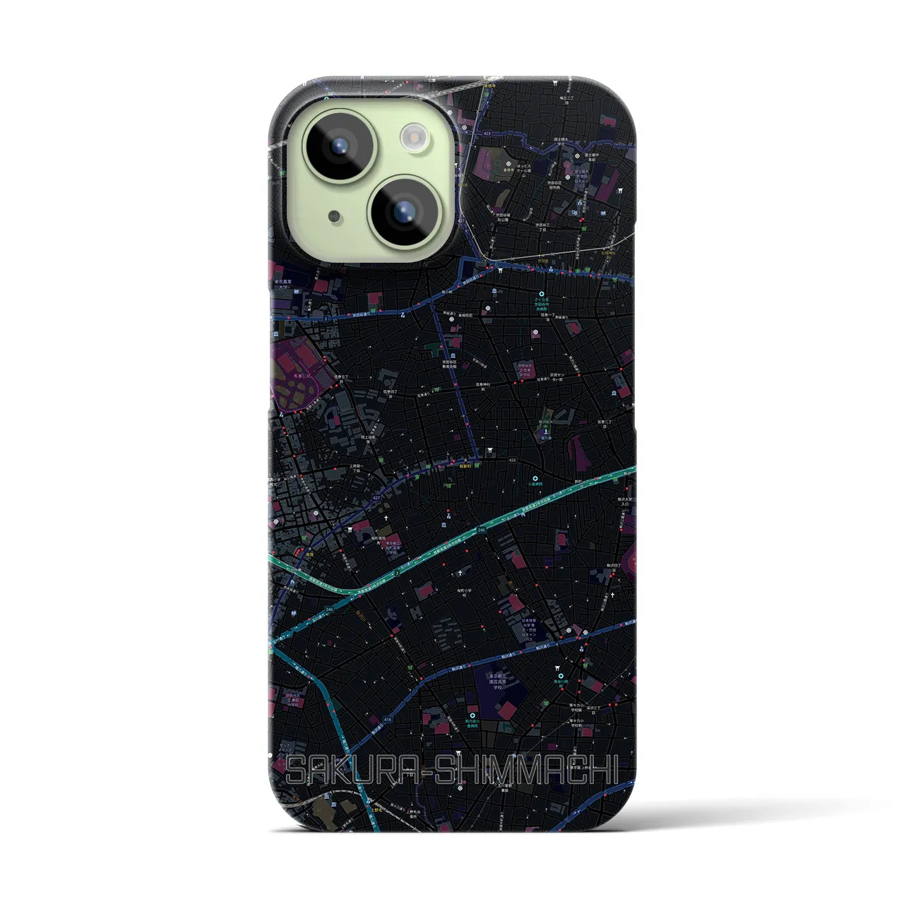 【桜新町】地図柄iPhoneケース（バックカバータイプ・ブラック）iPhone 15 用