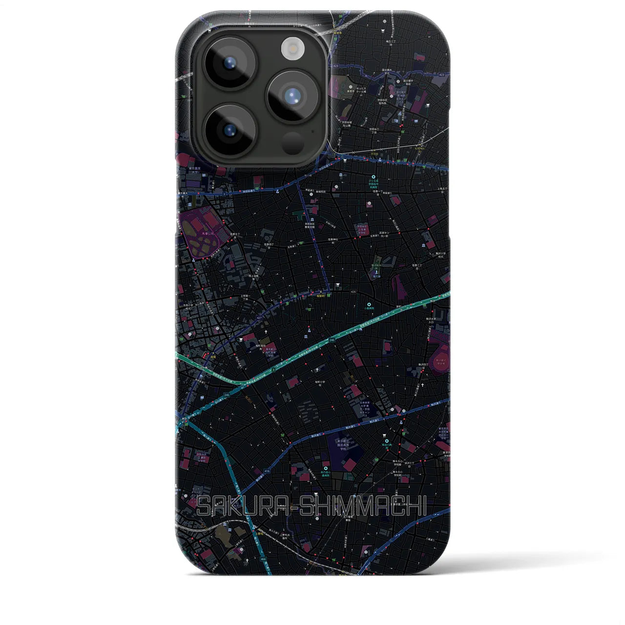 【桜新町】地図柄iPhoneケース（バックカバータイプ・ブラック）iPhone 15 Pro Max 用