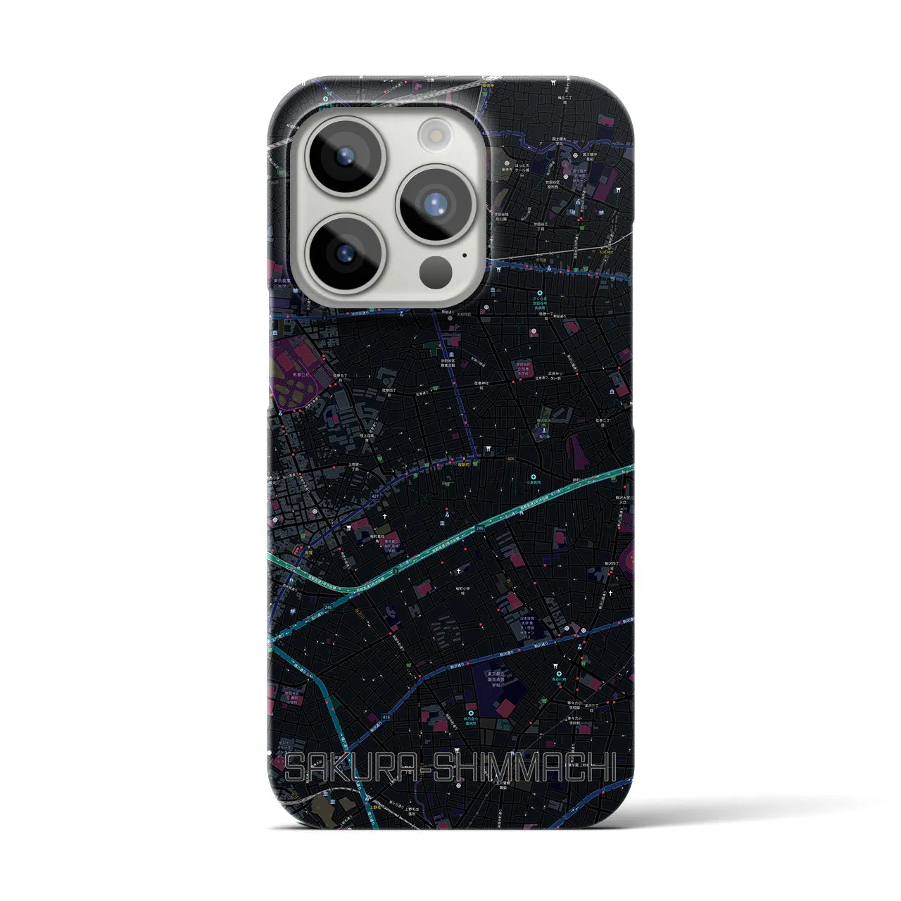 【桜新町】地図柄iPhoneケース（バックカバータイプ・ブラック）iPhone 15 Pro 用