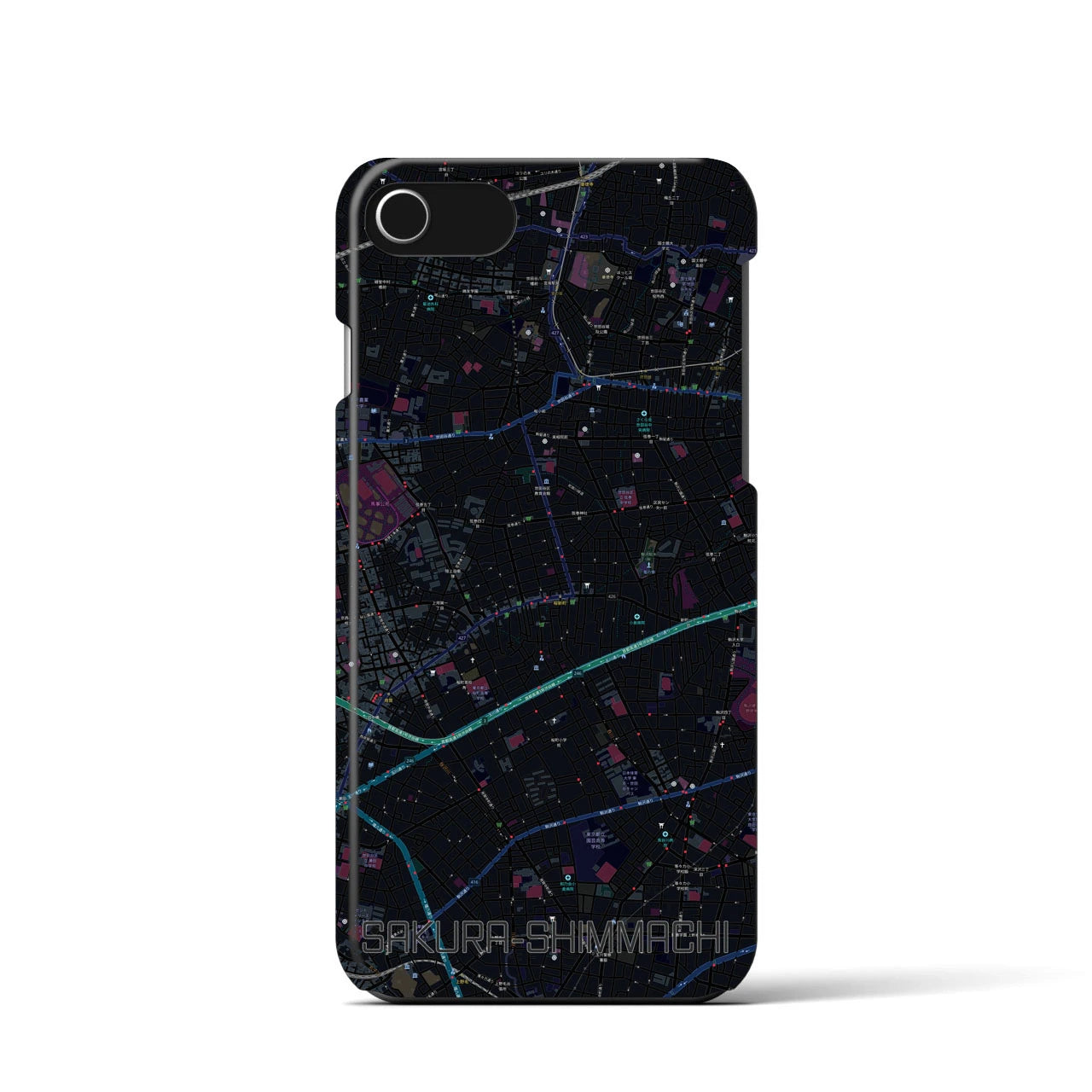 【桜新町】地図柄iPhoneケース（バックカバータイプ・ブラック）iPhone SE（第3 / 第2世代） / 8 / 7 / 6s / 6 用