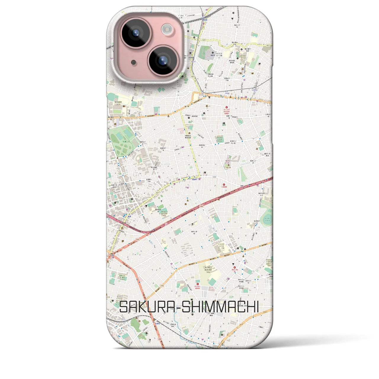 【桜新町】地図柄iPhoneケース（バックカバータイプ・ナチュラル）iPhone 15 Plus 用