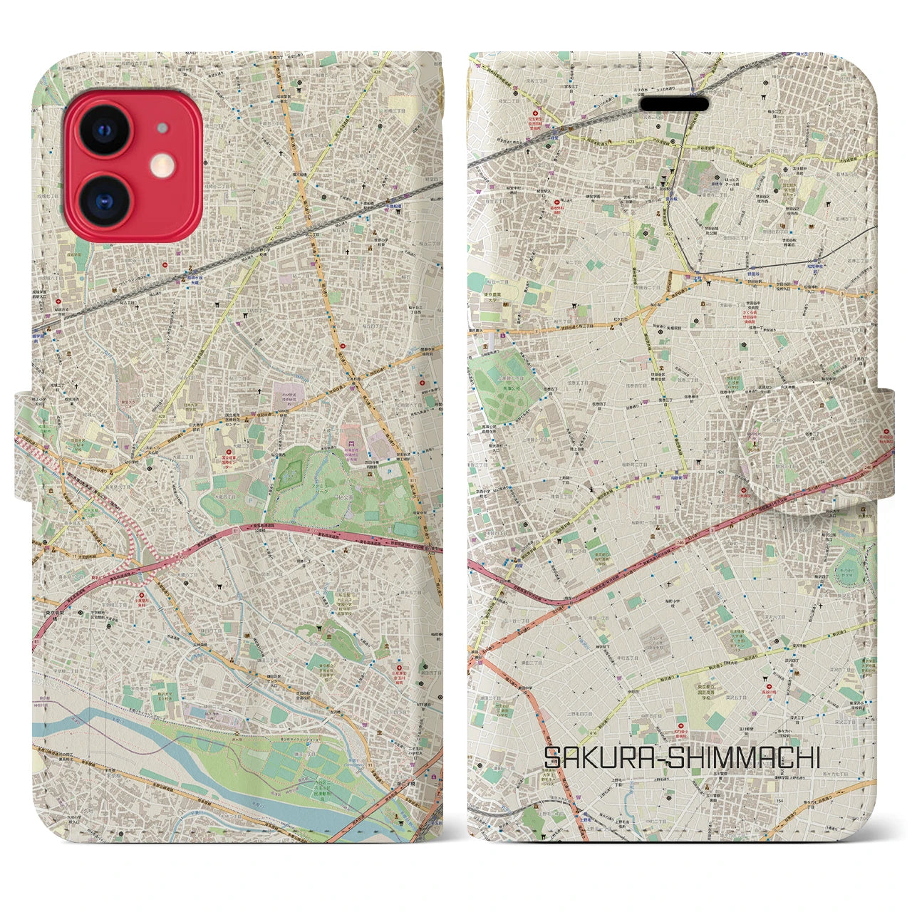 【桜新町】地図柄iPhoneケース（手帳両面タイプ・ナチュラル）iPhone 11 用