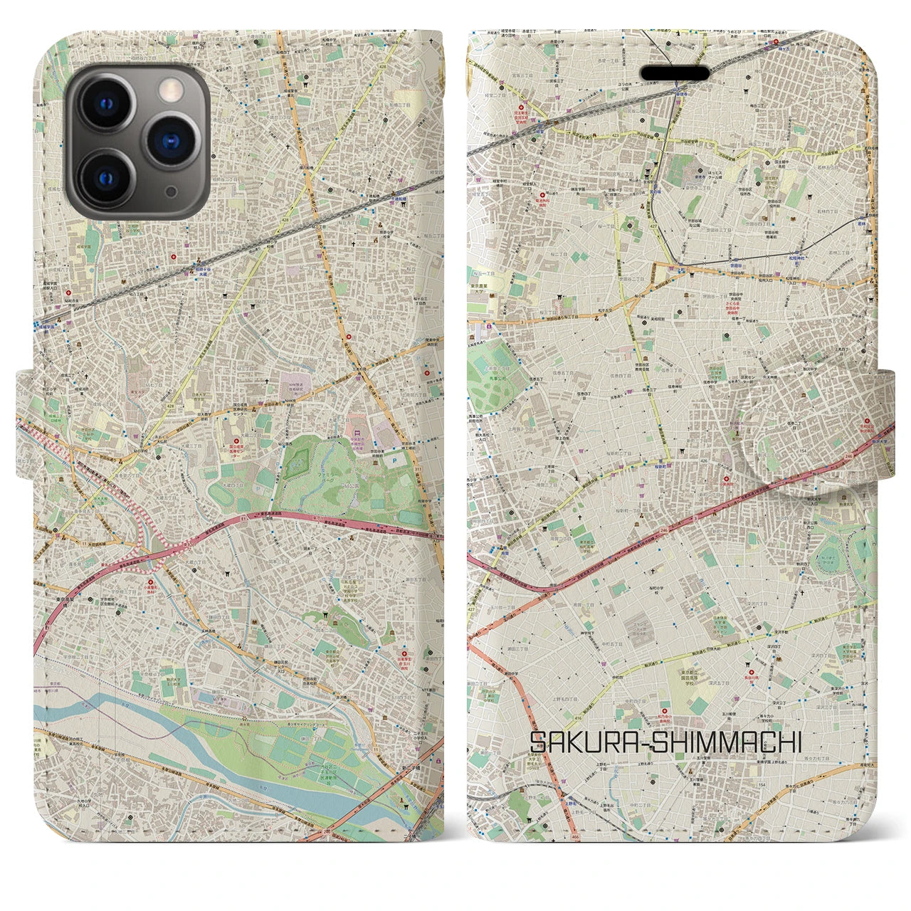 【桜新町】地図柄iPhoneケース（手帳両面タイプ・ナチュラル）iPhone 11 Pro Max 用