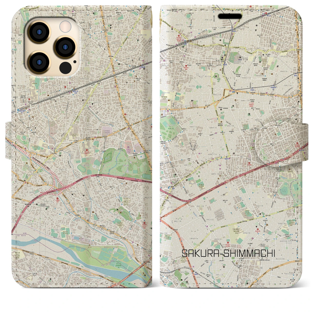 【桜新町】地図柄iPhoneケース（手帳両面タイプ・ナチュラル）iPhone 12 Pro Max 用