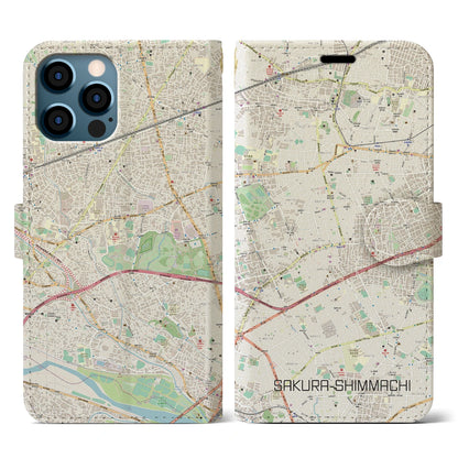 【桜新町（東京都）】地図柄iPhoneケース（手帳タイプ）ナチュラル・iPhone 12 / 12 Pro 用