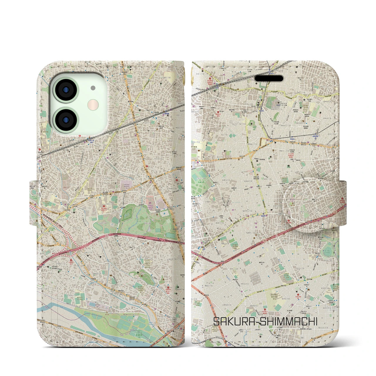 【桜新町】地図柄iPhoneケース（手帳両面タイプ・ナチュラル）iPhone 12 mini 用