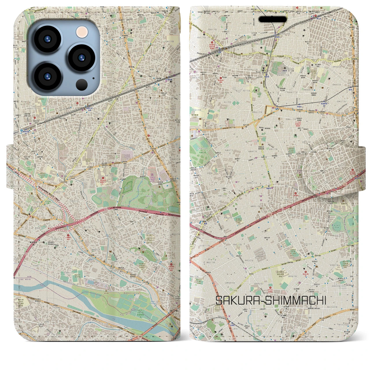 【桜新町】地図柄iPhoneケース（手帳両面タイプ・ナチュラル）iPhone 13 Pro Max 用