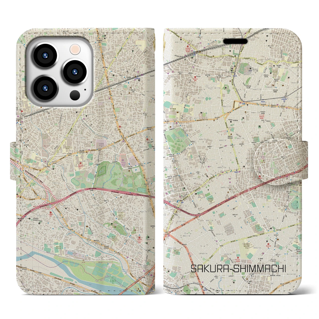 【桜新町】地図柄iPhoneケース（手帳両面タイプ・ナチュラル）iPhone 13 Pro 用