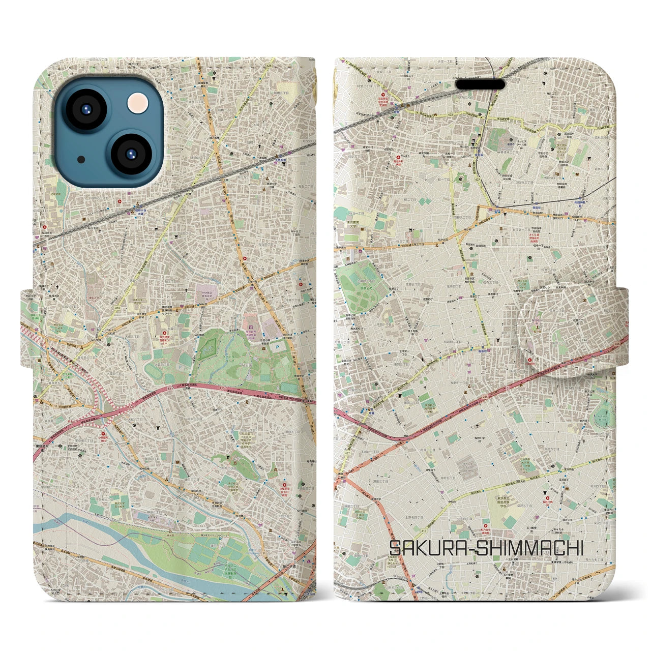 【桜新町】地図柄iPhoneケース（手帳両面タイプ・ナチュラル）iPhone 13 用
