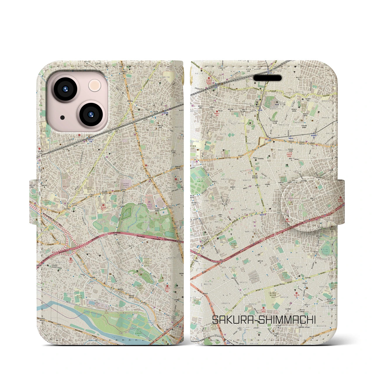 【桜新町】地図柄iPhoneケース（手帳両面タイプ・ナチュラル）iPhone 13 mini 用