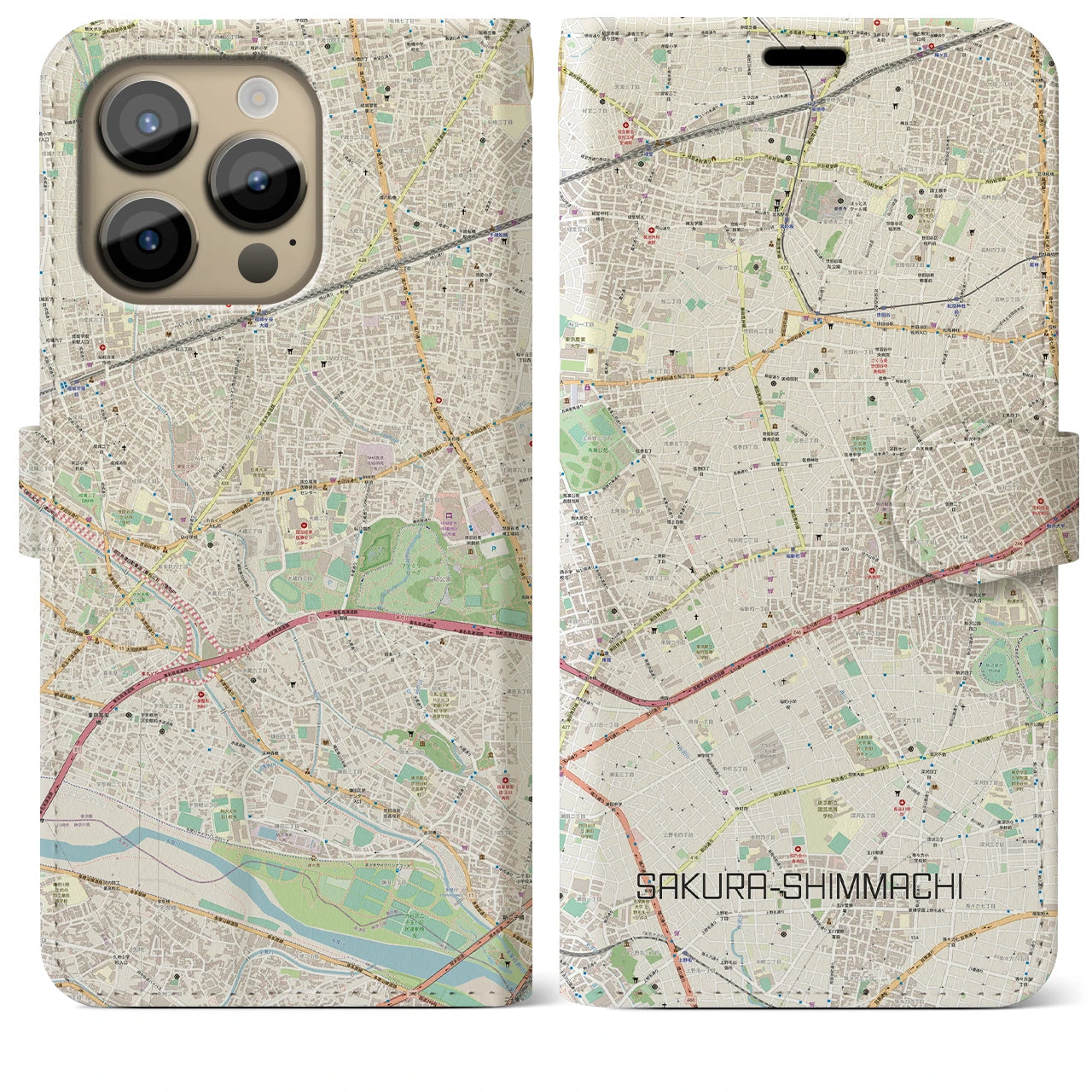 【桜新町】地図柄iPhoneケース（手帳両面タイプ・ナチュラル）iPhone 14 Pro Max 用