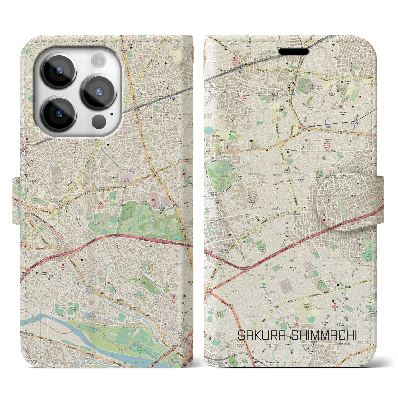 【桜新町】地図柄iPhoneケース（手帳両面タイプ・ナチュラル）iPhone 14 Pro 用