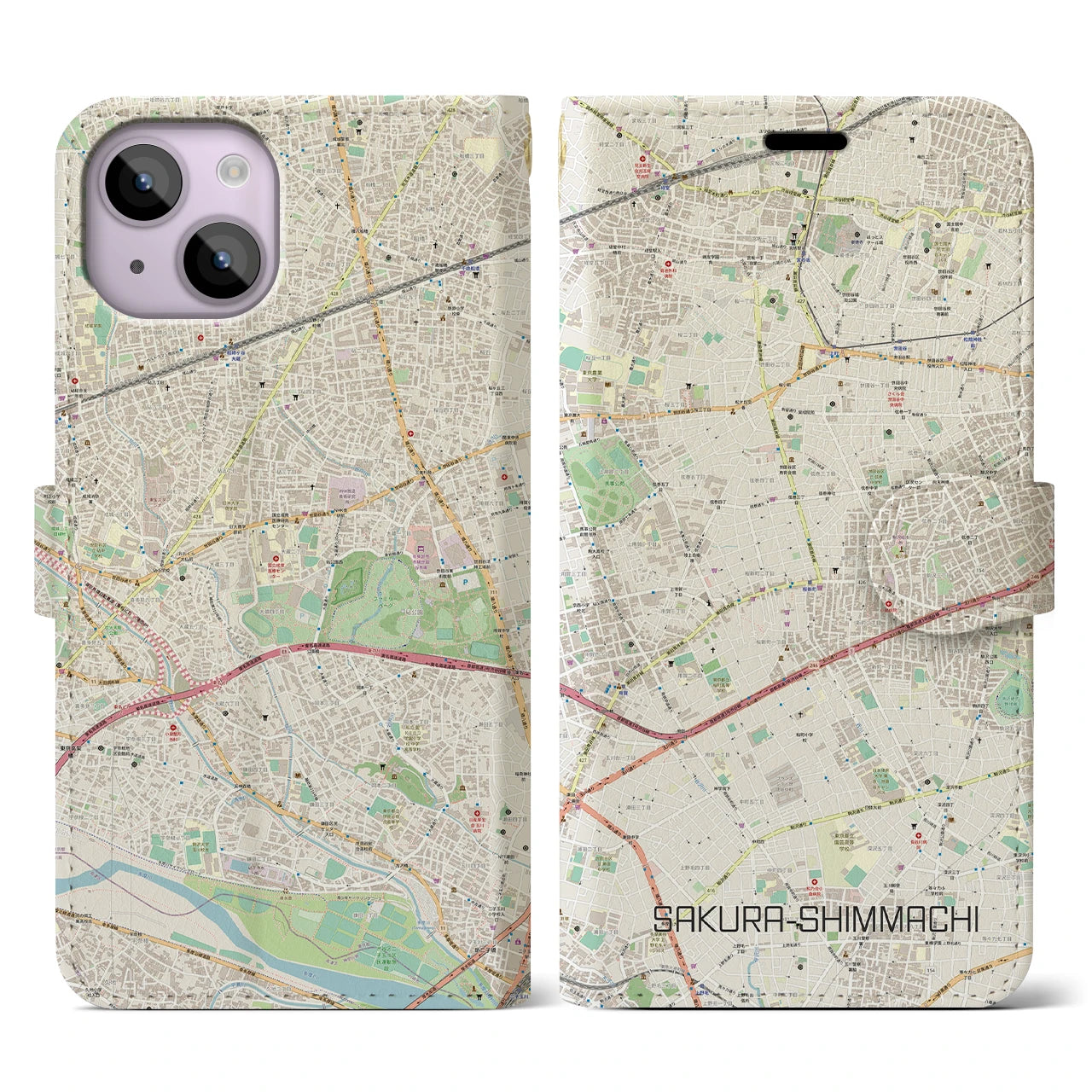 【桜新町】地図柄iPhoneケース（手帳両面タイプ・ナチュラル）iPhone 14 用