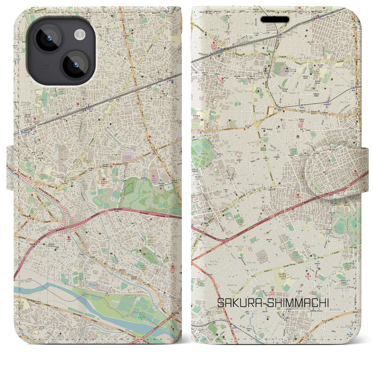 【桜新町】地図柄iPhoneケース（手帳両面タイプ・ナチュラル）iPhone 14 Plus 用