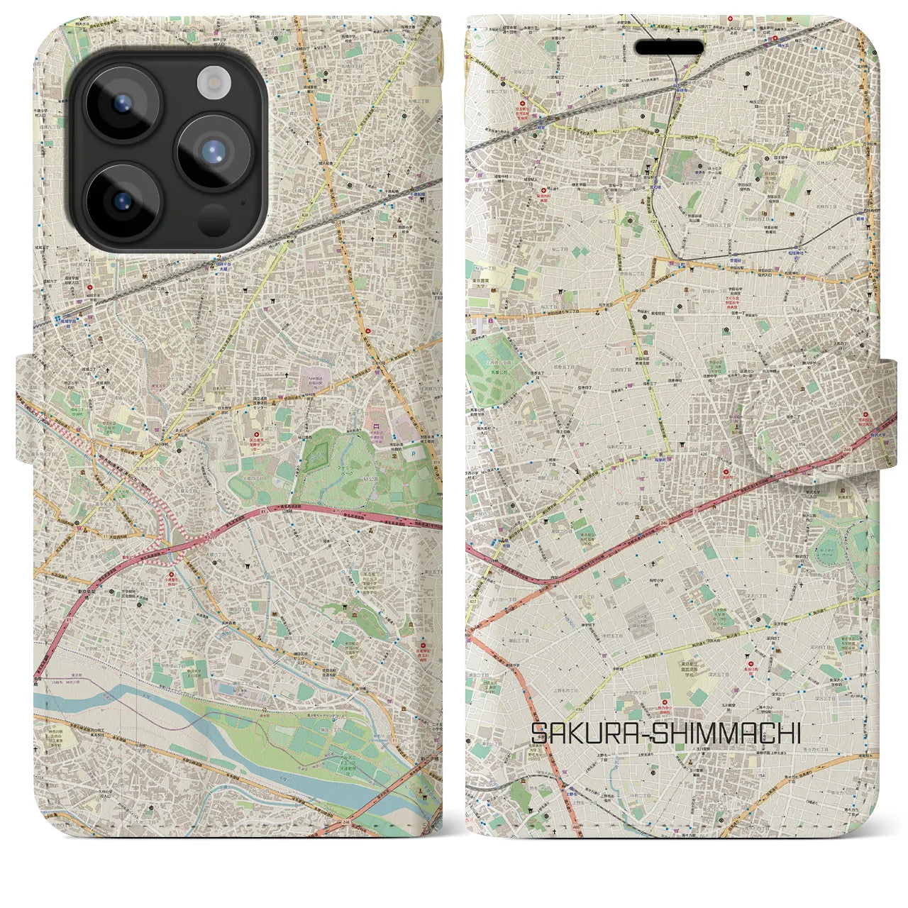 【桜新町】地図柄iPhoneケース（手帳両面タイプ・ナチュラル）iPhone 15 Pro Max 用