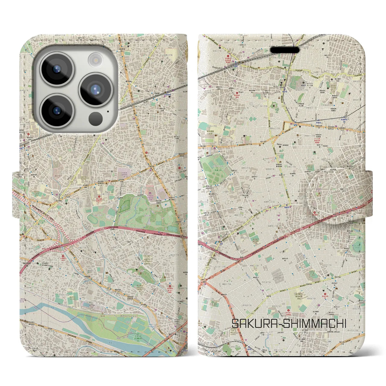 【桜新町】地図柄iPhoneケース（手帳両面タイプ・ナチュラル）iPhone 15 Pro 用