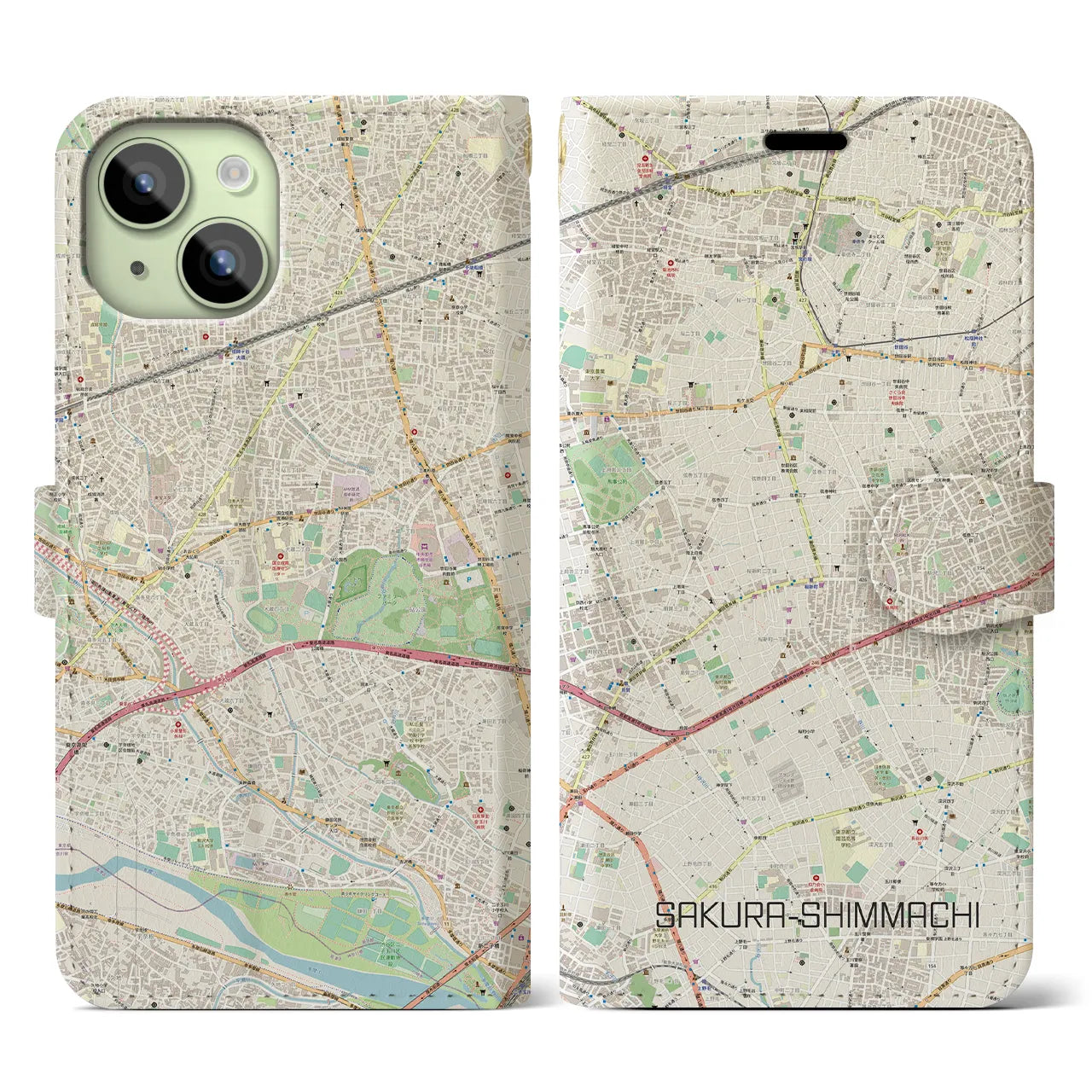 【桜新町】地図柄iPhoneケース（手帳両面タイプ・ナチュラル）iPhone 15 用