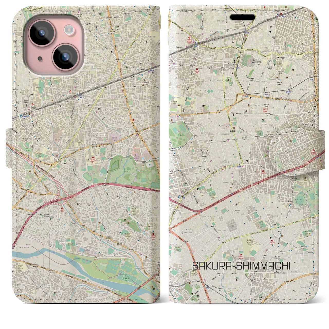【桜新町】地図柄iPhoneケース（手帳両面タイプ・ナチュラル）iPhone 15 Plus 用