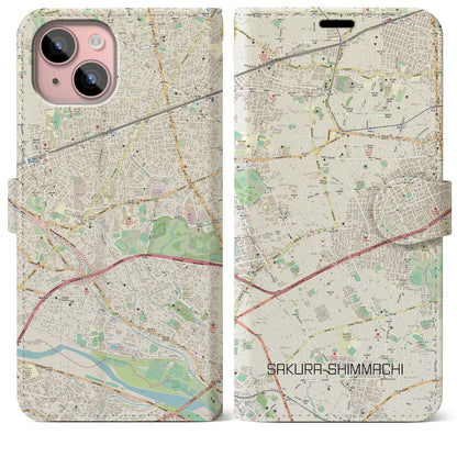 【桜新町（東京都）】地図柄iPhoneケース（手帳タイプ）ナチュラル・iPhone 15 Plus 用