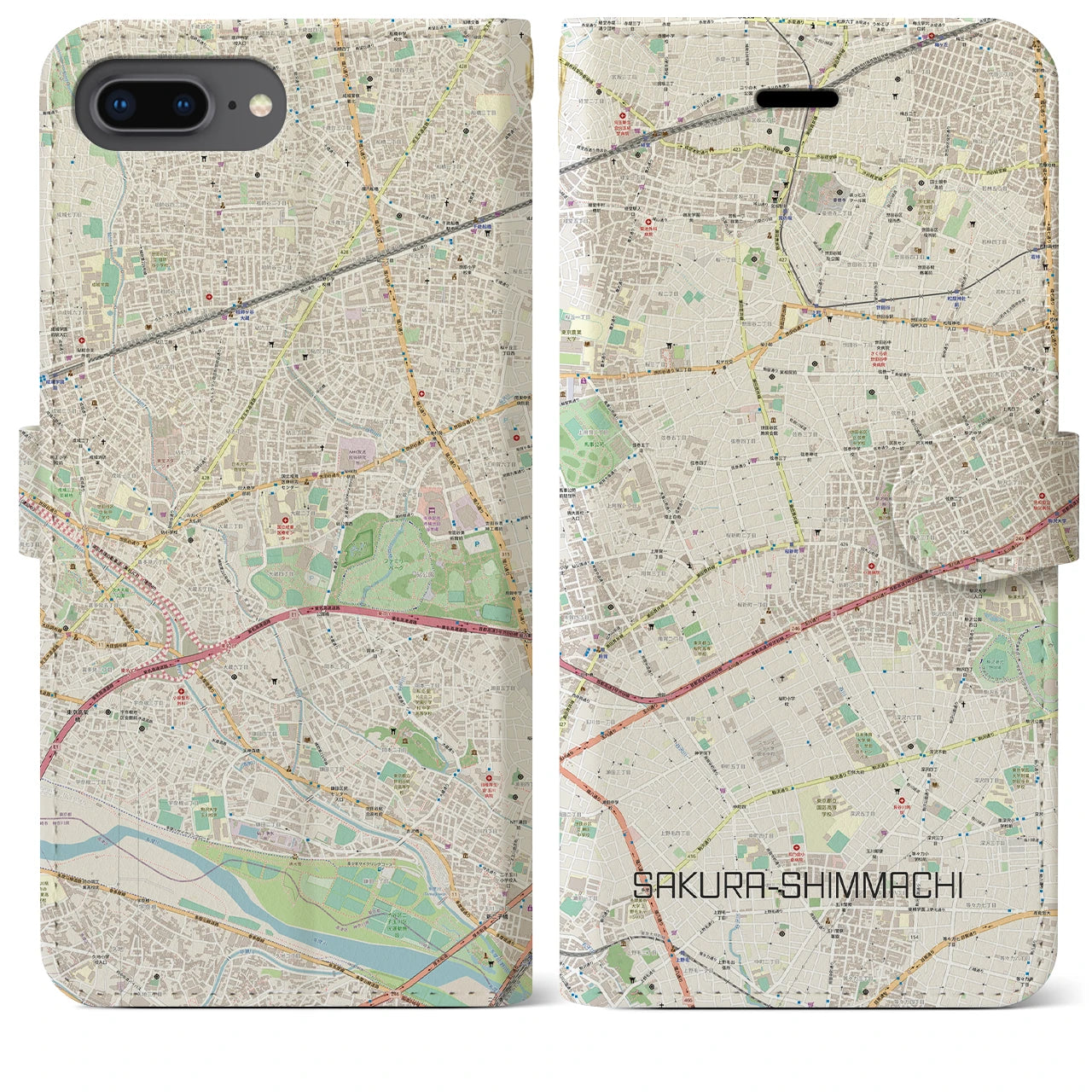【桜新町】地図柄iPhoneケース（手帳両面タイプ・ナチュラル）iPhone 8Plus /7Plus / 6sPlus / 6Plus 用