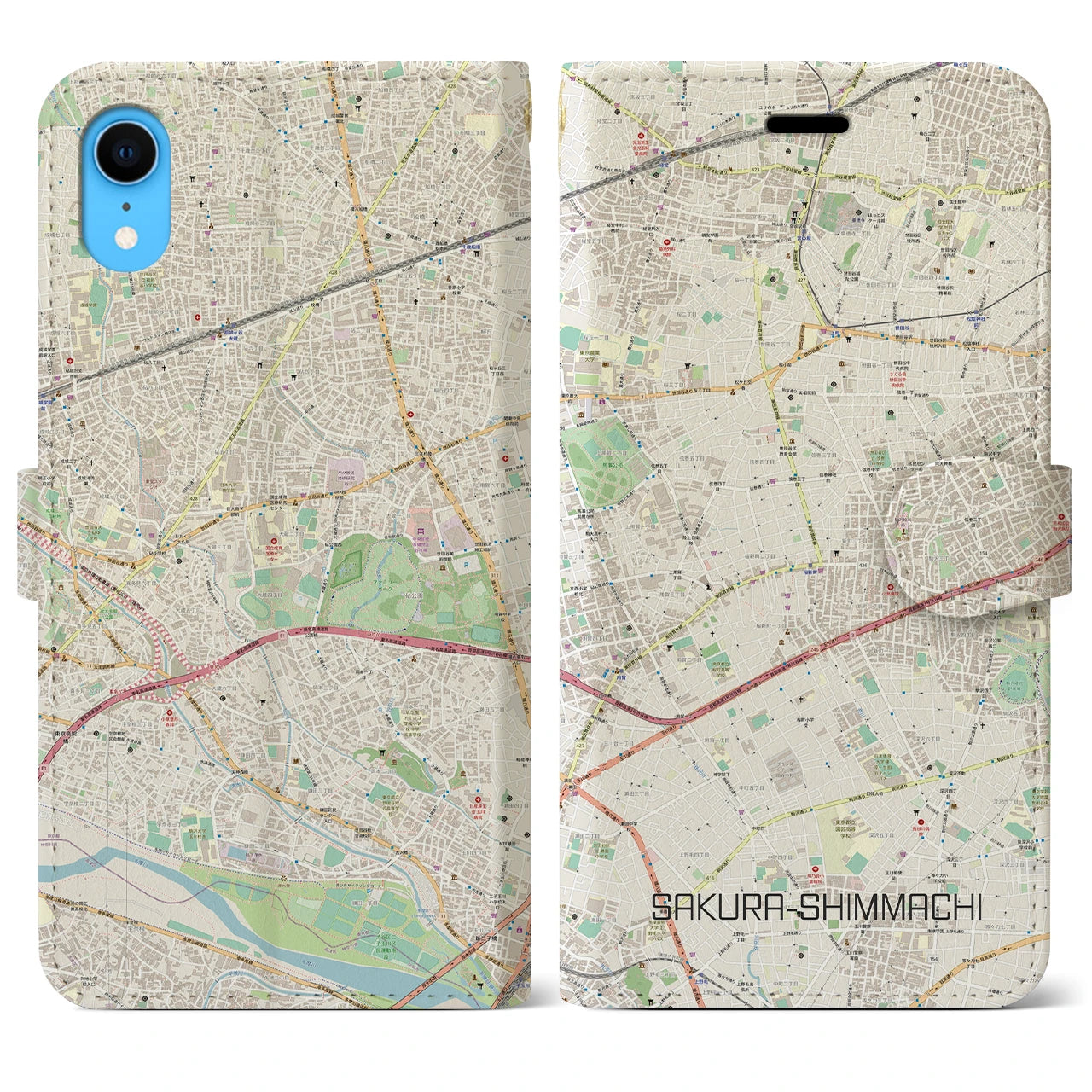 【桜新町】地図柄iPhoneケース（手帳両面タイプ・ナチュラル）iPhone XR 用