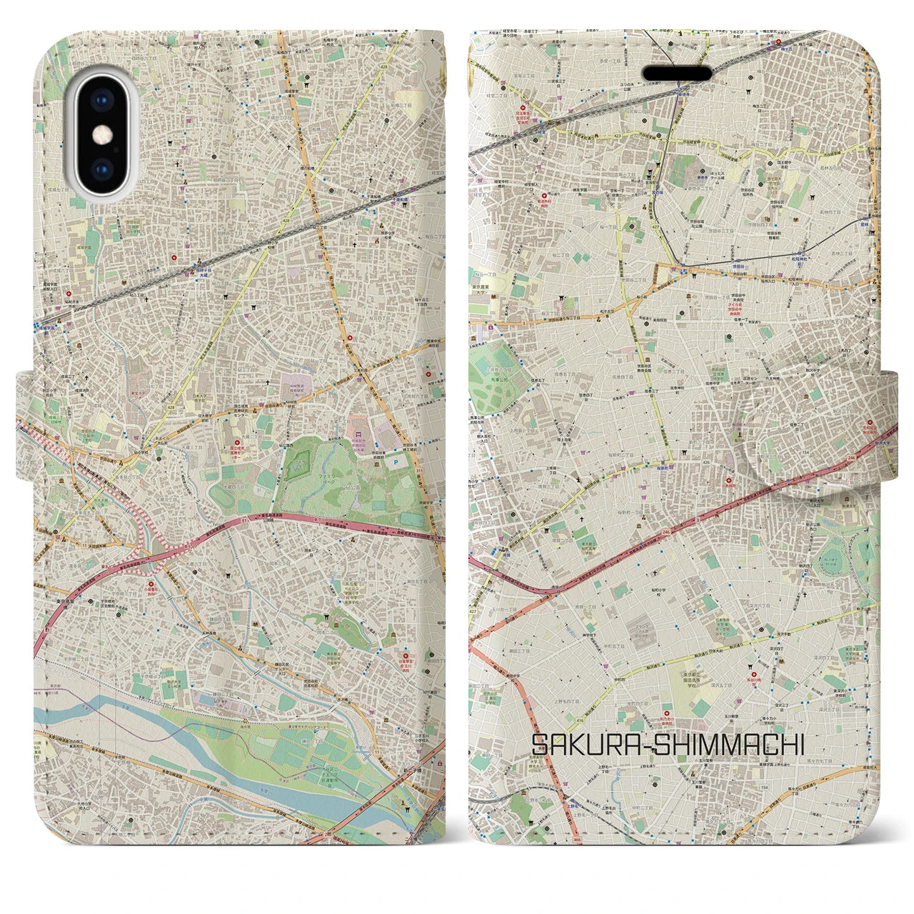 【桜新町】地図柄iPhoneケース（手帳両面タイプ・ナチュラル）iPhone XS Max 用