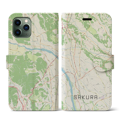 【さくら（栃木県）】地図柄iPhoneケース（手帳タイプ）ナチュラル・iPhone 11 Pro 用