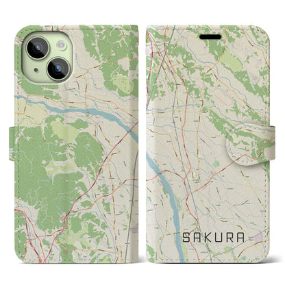 【さくら（栃木県）】地図柄iPhoneケース（手帳タイプ）ナチュラル・iPhone 15 用