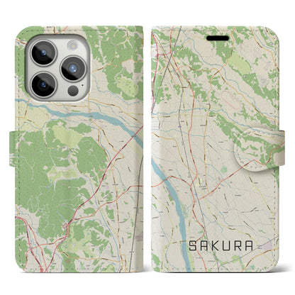 【さくら（栃木県）】地図柄iPhoneケース（手帳タイプ）ナチュラル・iPhone 15 Pro 用