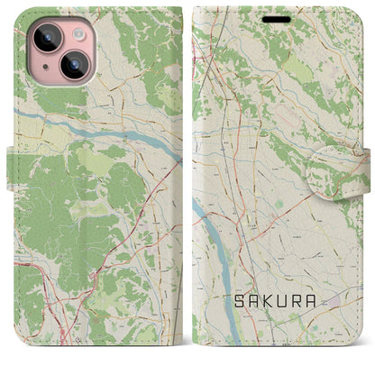 【さくら（栃木県）】地図柄iPhoneケース（手帳タイプ）ナチュラル・iPhone 15 Plus 用