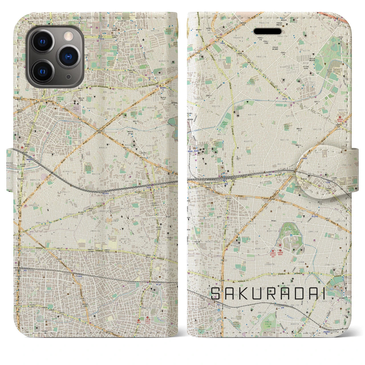 【桜台】地図柄iPhoneケース（手帳両面タイプ・ナチュラル）iPhone 11 Pro Max 用