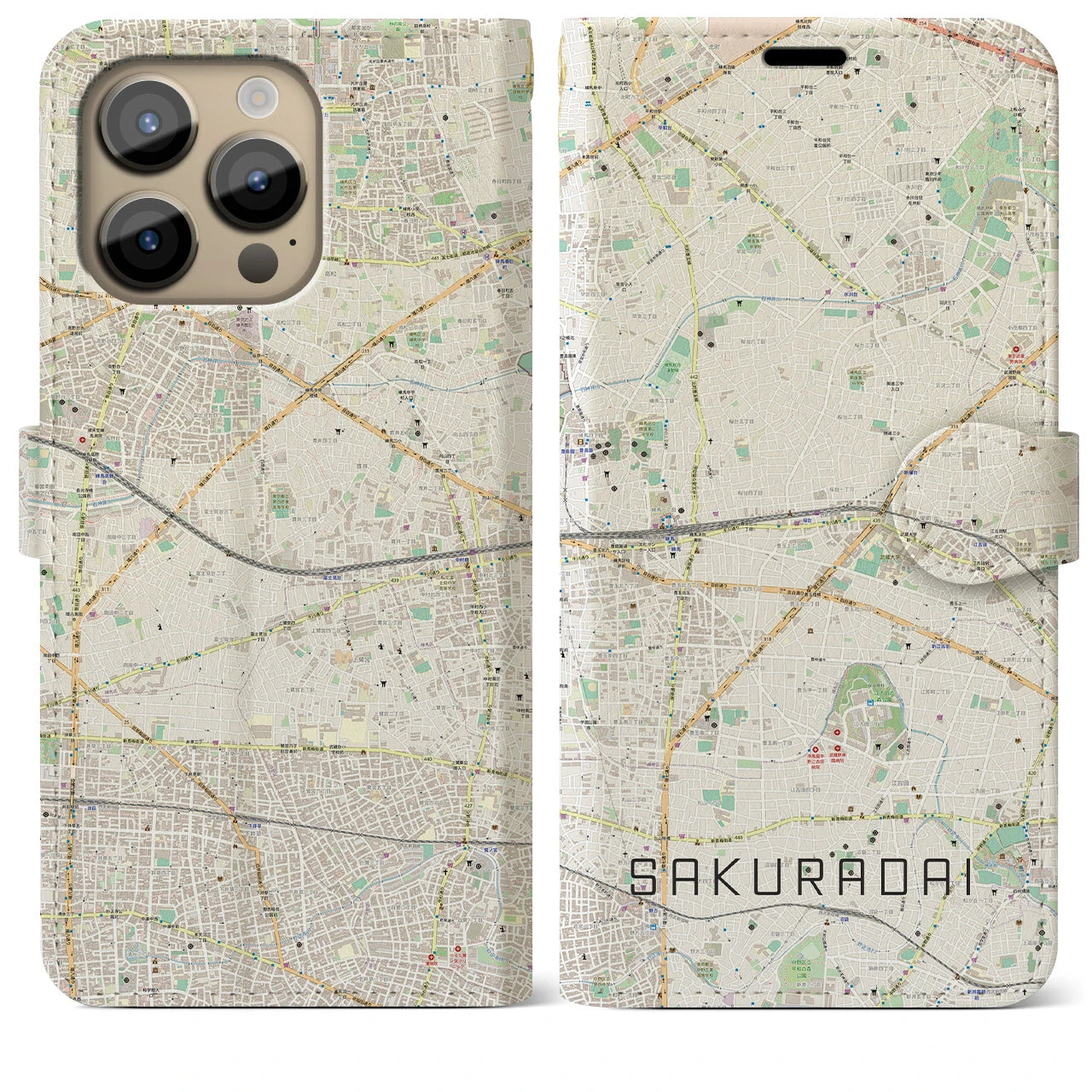【桜台】地図柄iPhoneケース（手帳両面タイプ・ナチュラル）iPhone 14 Pro Max 用