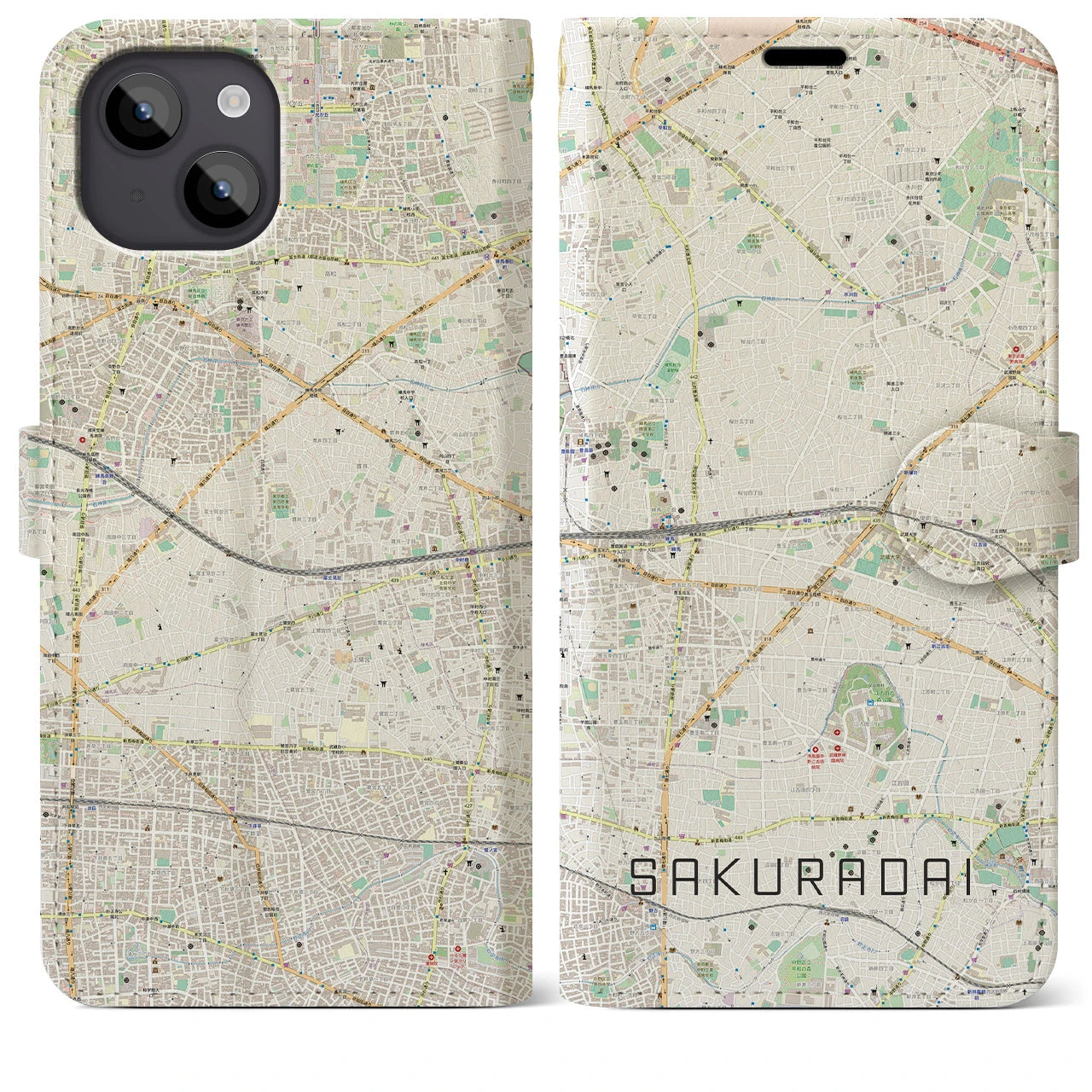 【桜台】地図柄iPhoneケース（手帳両面タイプ・ナチュラル）iPhone 14 Plus 用