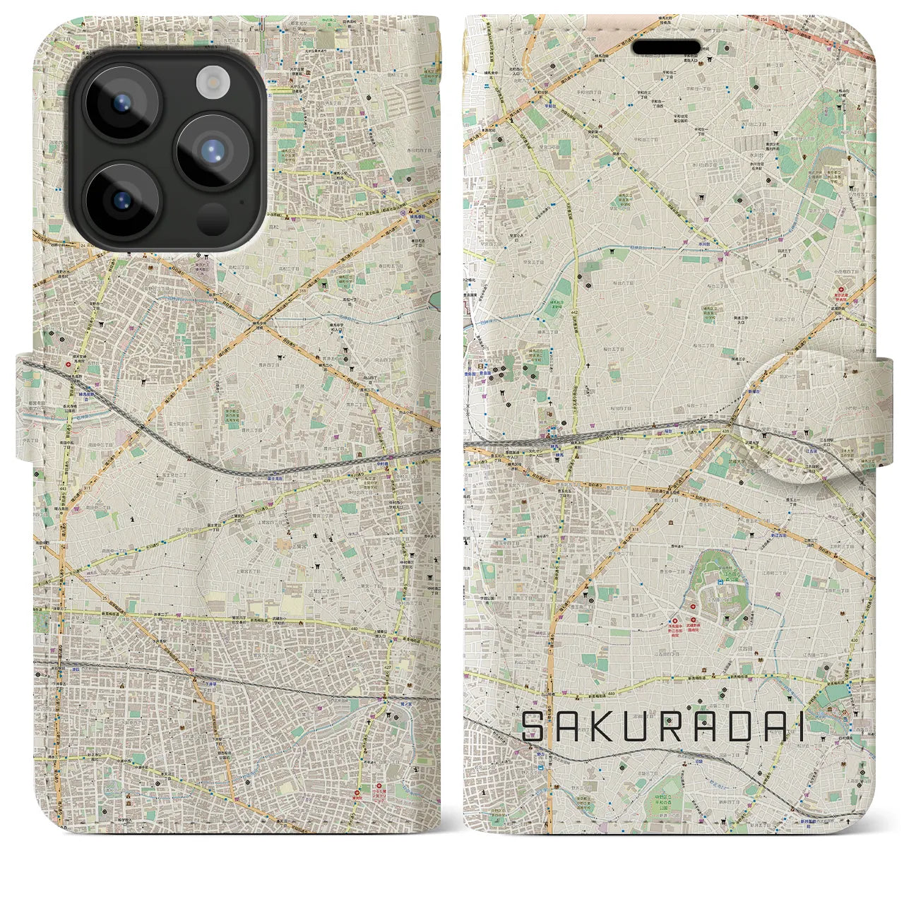 【桜台】地図柄iPhoneケース（手帳両面タイプ・ナチュラル）iPhone 15 Pro Max 用