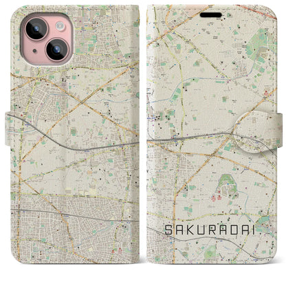 【桜台（東京都）】地図柄iPhoneケース（手帳タイプ）ナチュラル・iPhone 15 Plus 用
