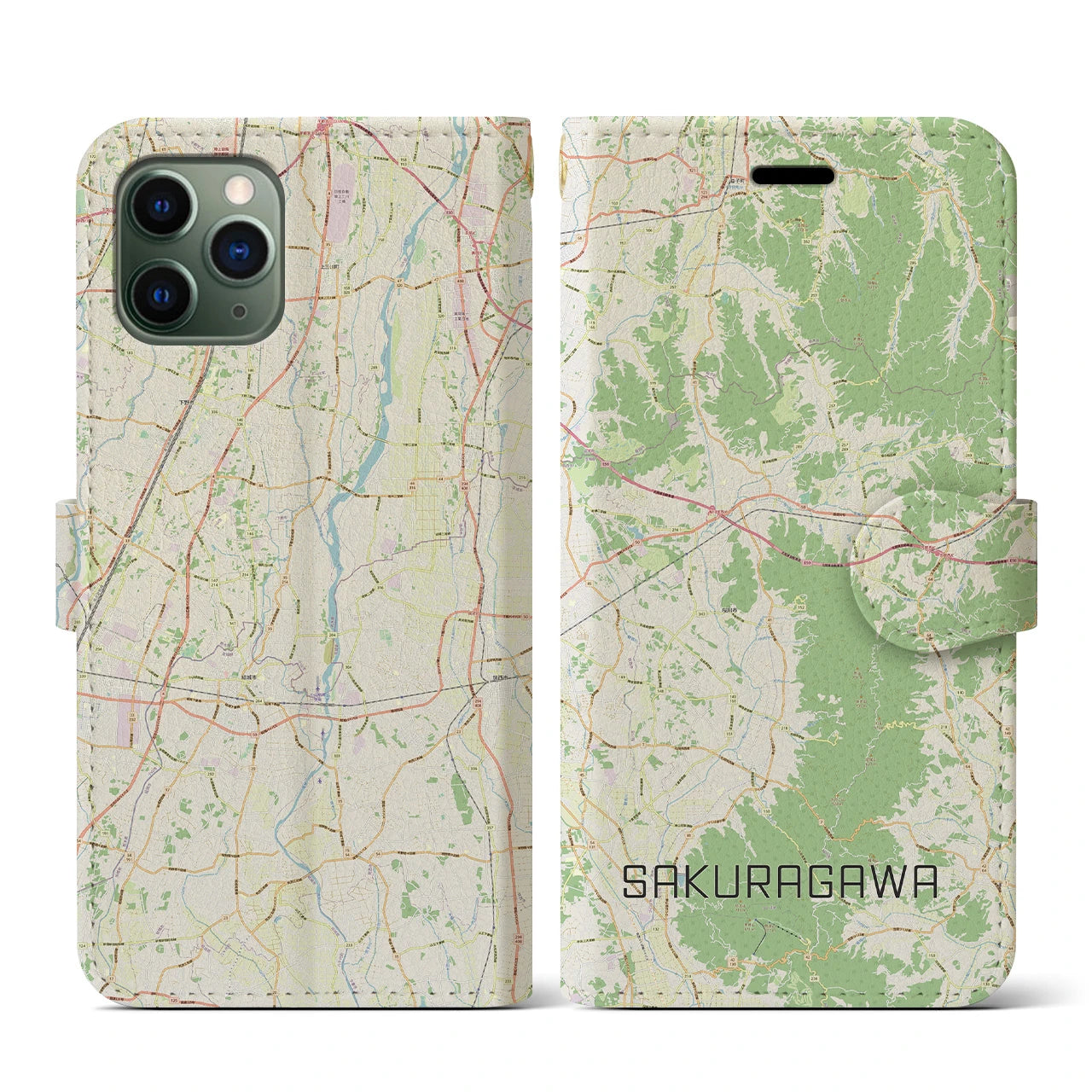 【桜川（茨城県）】地図柄iPhoneケース（手帳タイプ）ナチュラル・iPhone 11 Pro 用