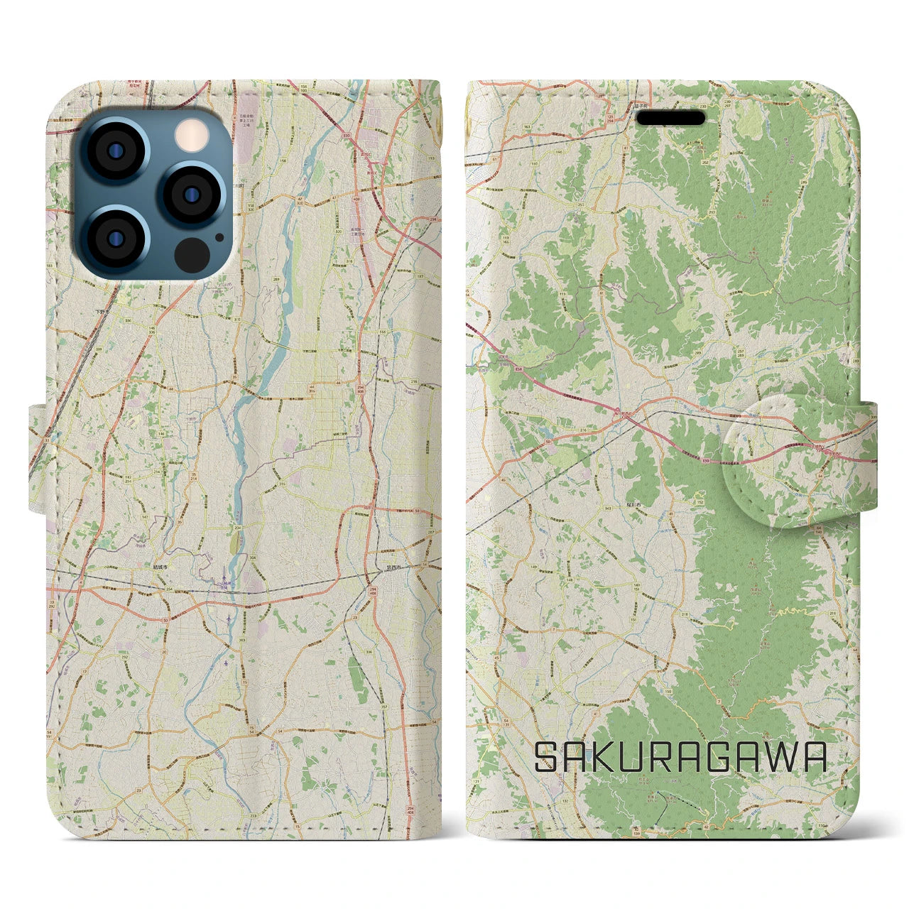 【桜川（茨城県）】地図柄iPhoneケース（手帳タイプ）ナチュラル・iPhone 12 / 12 Pro 用