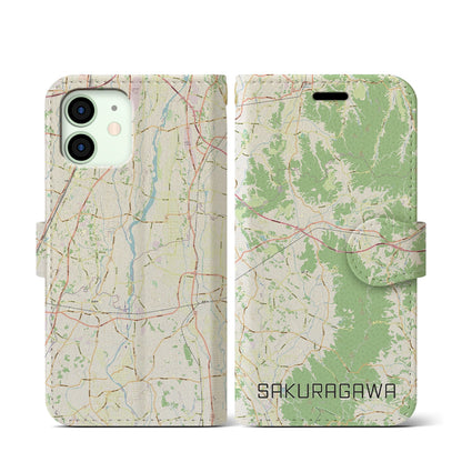 【桜川（茨城県）】地図柄iPhoneケース（手帳タイプ）ナチュラル・iPhone 12 mini 用